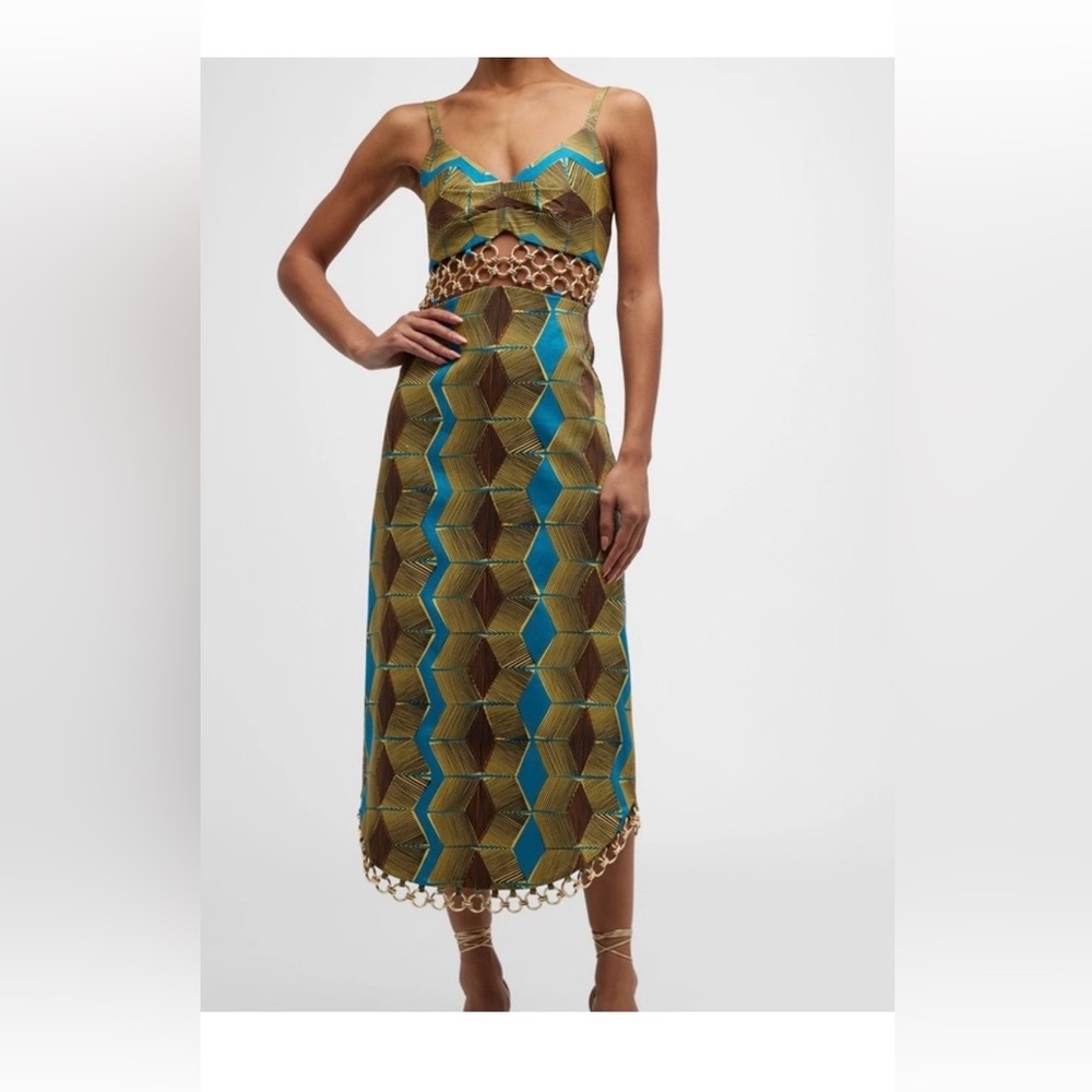 Alexis Olive & Teal Geometric Cutout Midi Dress
